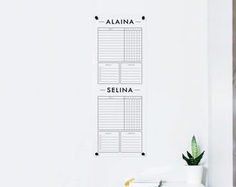 Personalized Acrylic Dry Erase Two Kid Slim Chore Chart | Reusable Personalized Responsibilities Chart, Weekly Daily Tasks Chart for Kids
