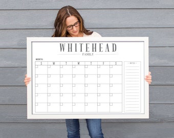 Personalized Monthly Dry Erase Calendar with Notes Section for Family | Customized Framed Whiteboard Monthly Planner Reusable Calendar