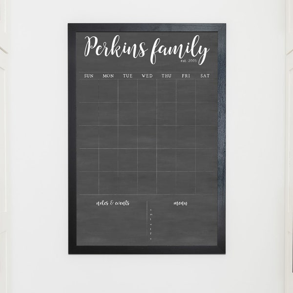 Calendar, Dry Erase Chalkboard Calendar Personalized for your Family | Small 18x24 or Large 24x36 calendar, est. year, custom bottom boxes