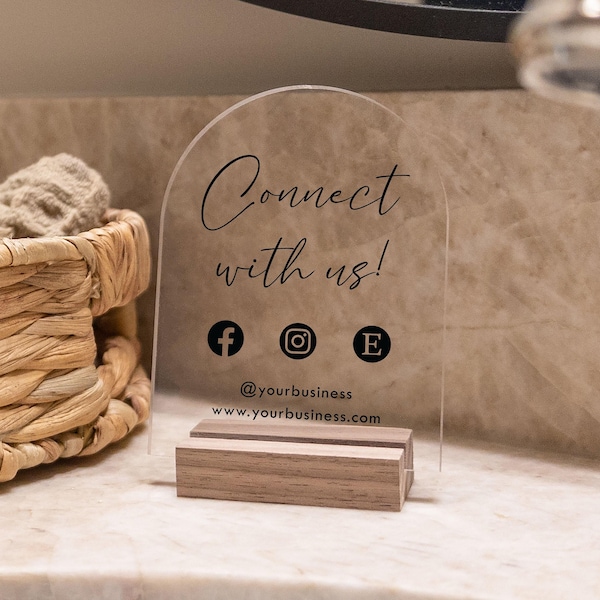 Social Media Sign, Acrylic Business Sign, Clear Office Sign with Wood Stand, Front Desk Sign, Personalized Business Sign for Salon or Spa