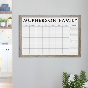 Personalized Framed Dry Erase Monthly Wall Calendar for Family | Minimalist Reusable Monthly Family Planner with Custom Side Sections