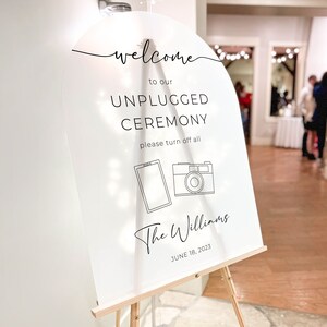 Unplugged ceremonie bruiloft teken op mat acryl met aangepaste namen | Gepersonaliseerde welkomstbord voor bruiloft, geen telefoons bruiloft bord