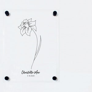 Personalized March Birth Flower on Acrylic Sign | Daffodil Flower Decor Art on Acrylic | Birth Stats | Botanical Print on Acrylic