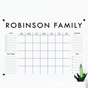 Personalized Family Calendar on Clear Acrylic with custom side sections | Monthly calendar with to do lists, grocery list, menu planner, etc