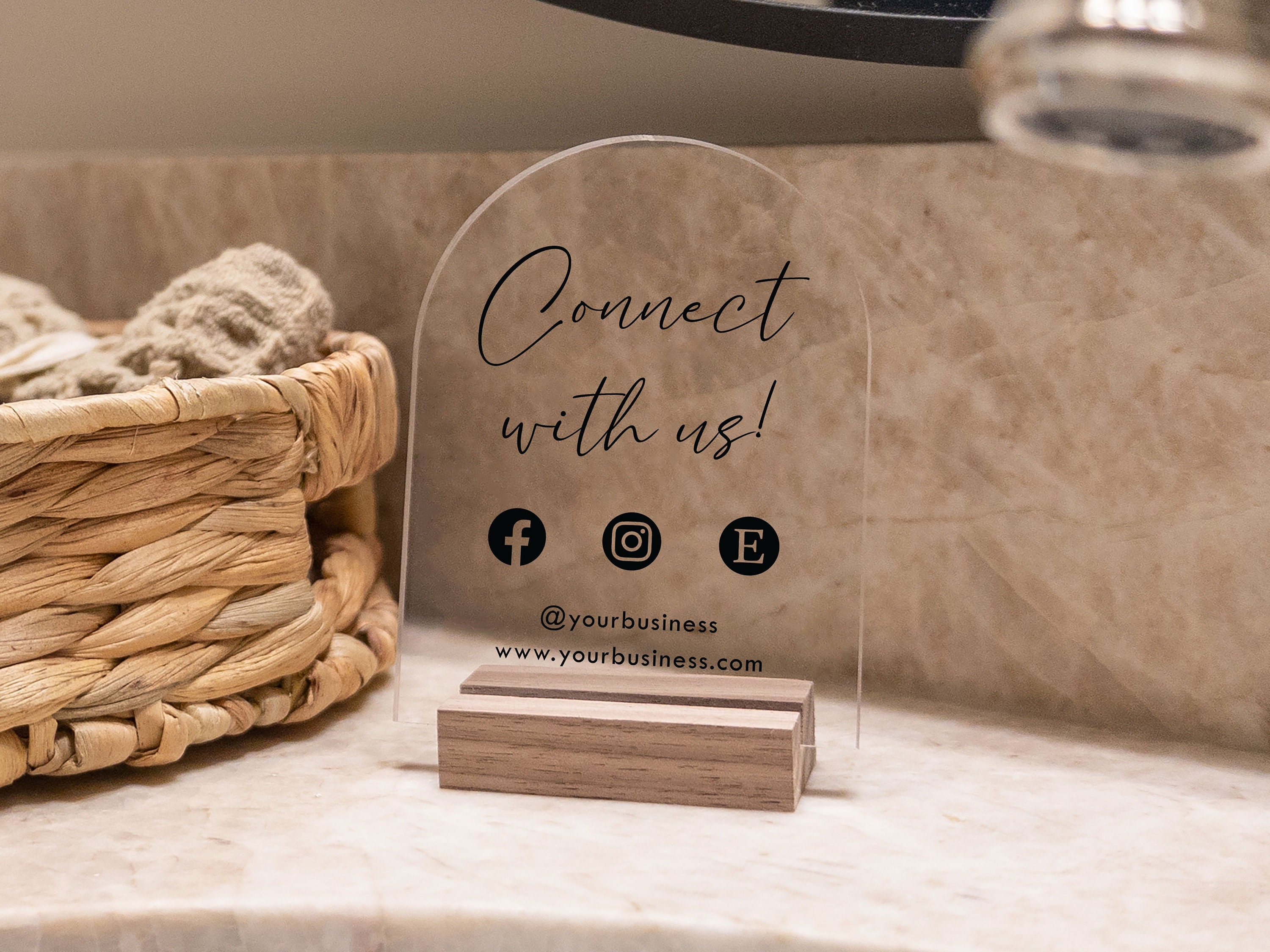 Social Media Sign, Acrylic Business Sign, Clear Office Sign with Wood Stand, Front Desk Sign, Personalized Business Sign for Salon or Spa