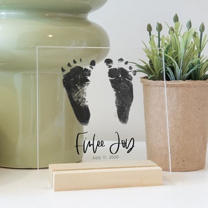 Acrylic Baby Footprint with Wood Stand Personalized Gift for Mom Footprint Art with Your Baby's Footprints Newborn Gift