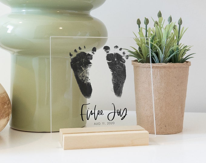 Acrylic Baby Footprint with Wood Stand Personalized Gift for Mom Footprint Art with Your Baby's Footprints Newborn Gift