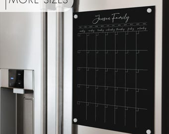 Personalized Dry Erase Monthly Black Acrylic Fridge Calendar | Custom Fridge Family Planner Home or Kitchen Decor with Magnetic Hardware