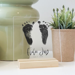 Acrylic Baby Footprint with Wood Stand, Personalized Gift for New Mom, Your Baby's Footprints Gift, Newborn Gift, First Mother's Day Gift
