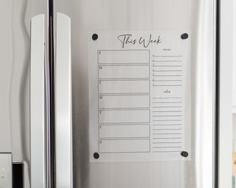 Personalized Acrylic Dry Erase Weekly Planner on Clear Acrylic | Custom Weekly Meal Planner Magnetic Board Kitchen Decor for Fridge