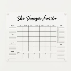 Personalized Acrylic Calendar For Wall | Horizontal Dry Erase Monthly Weekly Board