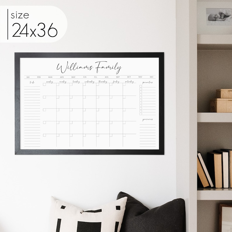 Personalized Dry Erase Wall Calendar with Custom To do list and Notes Organization Sections Large Whiteboard Calendar 24x36 - Black