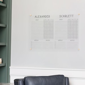 Personalized Dry Erase Chore Chart for Two Kids on Horizontal Clear Acrylic | Customized Job Chart with Daily and Weekly Tasks for Family