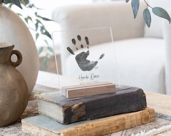 Handprint Art Gift on Acrylic with Wood Stand , Personalized with your Child's Handprint Gift for Dad or Mom from Daughter, Son, or Kids