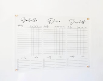 Personalized Chore Chart For 3 Children, Custom Acrylic Chore Chart for 3 Kids, Dry Erase Homeschool Checklist For Kids,Clear Command Center