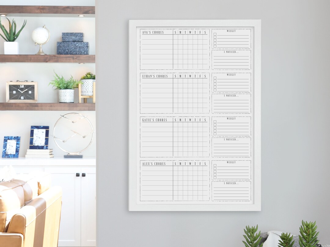 Four Child Whiteboard Framed Chore Chart , 24x36 , Weekly Chores , Dry ...