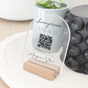 Panneau de mariage personnalisé en acrylique Fonds lune de miel | En acrylique transparent QR Code de réception de mariage | Enseigne de table personnalisée Scan to Pay