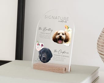 Dog Signature Cocktail Sign, Wedding Bar Menu | Personalized Clear Acrylic Signature Pet Cocktail Sign with Watercolor Drinks