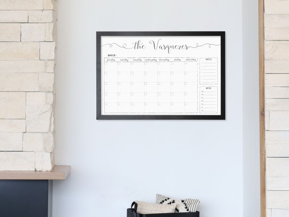 Large Whiteboard Calendar, 24x36 Dry Erase Reusable Framed Calendar,  Landscape, Custom Family Name Calendar, Cursive Hanging Calendar 3676 