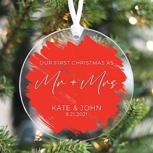 Red Christmas Ornament, First Christmas Married Gift For Her, Mr and Mrs Bauble, Personalized Gift for Wife, Round Acrylic Ornament