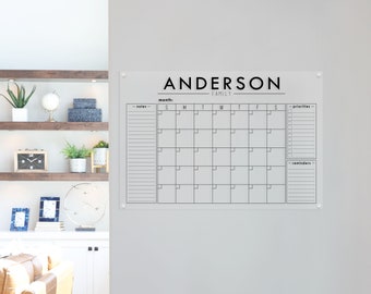 Custom Acrylic Calendar w/ Notes Box, Priorities Box, and Reminders Box, Clear Dry Erase Wall Mounted Command Center Family Calendar #3898