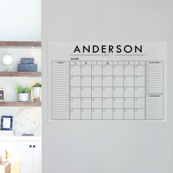 Custom Acrylic Calendar w/ Notes Box, Priorities Box, and Reminders Box, Clear Dry Erase Wall Mounted Command Center Family Calendar #3898