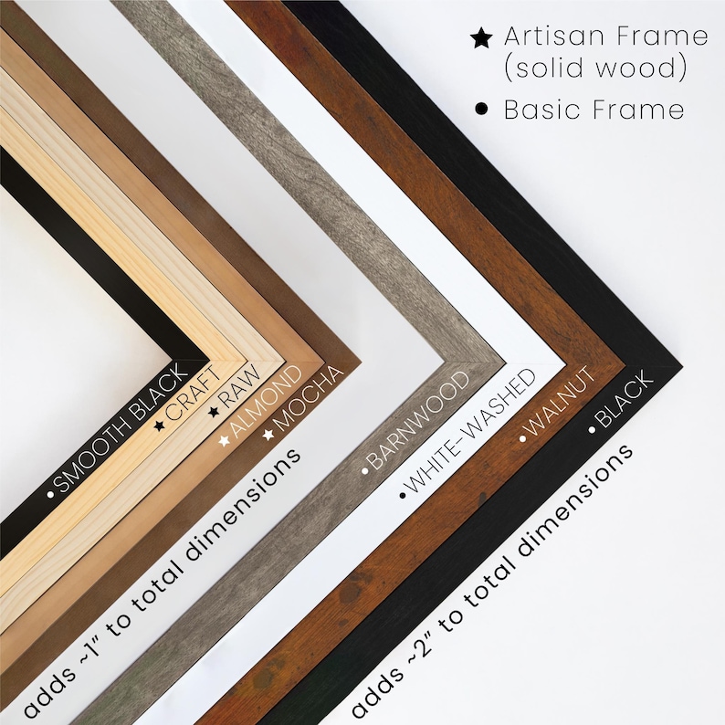 a variety of different types of wooden frames, each with unique characteristics such as color, texture, and finish. The frames are arranged in a visually appealing manner, showcasing the diversity of options available for framing artwork or photographs.