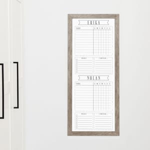 14x36 Chore Chart, Dry erase two kid chore chart, custom framed chore chart, Contribution Chart Whiteboard