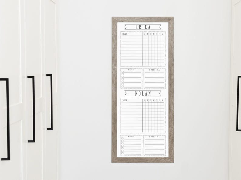 14x36 Chore Chart, Dry erase two kid chore chart, custom framed chore chart, Contribution Chart Whiteboard