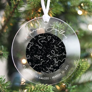 Black Night Sky Ornament, Personalized Christmas Tree Bauble With Star Map, Round Ornament With Coordinates And Names, Starry Night Ornament