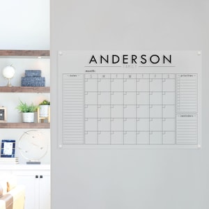 Custom Acrylic Calendar w/ Notes Box, Priorities Box, and Reminders Box, Clear Dry Erase Wall Mounted Command Center Family Calendar #3898