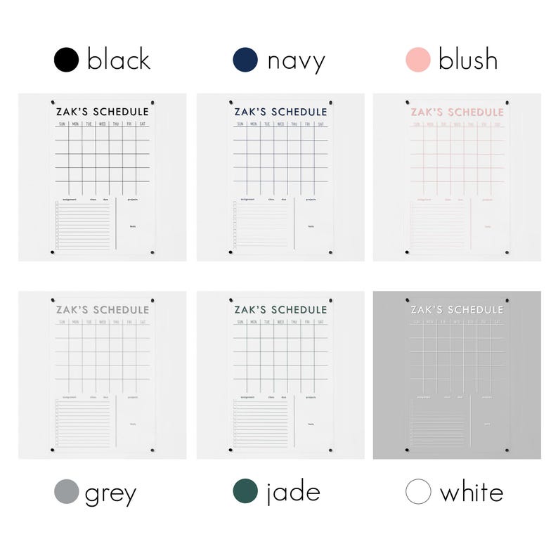 Black, navy, blush, grey, jade, white are the various design color options.
