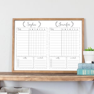 18x24 Two Child Dry Erase Whiteboard Chore Chart , Task Chart White Board, Framed Chore Chart, 2 kid, kid's daily routine board   #1886