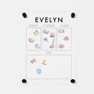 Personalized One Kid Visual Chore Chart on Clear Acrylic with Colorful Chore Stickies | Daily Task Chart with Reusable Chore Stickers