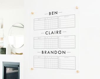 3 Kid Chore Chart with Daily and Weekly Chores Section, Dry Erase Acrylic Board, Three Child Contribution Chart, Acrylic Routine Chart