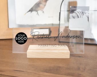 Custom Desk Name Plate, Acrylic Name Sign with Personalized Logo, Coworker Gift, Employee Name Plate, Clear Acrylic Business Logo Sign