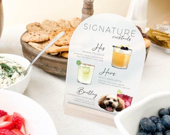 Personalized His, Hers and Pets Signature Cocktails Sign, Wedding Bar Menu on Frosted Acrylic | Custom Pet Signature Drinks Sign