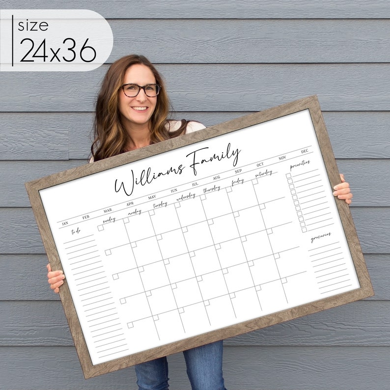 Personalized Dry Erase Wall Calendar with Custom To do list and Notes Organization Sections Large Whiteboard Calendar 24x36 - Barnwood