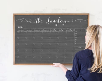 Personalized Dry Erase Chalkboard Calendar | Small OR Large Size | Framed Family Command Center Organizer| Horizontal