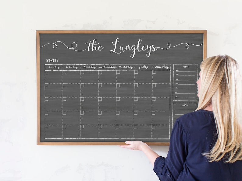 Personalized Dry Erase Chalkboard Calendar Small OR Large Size Framed Family Command Center Organizer Horizontal image 1