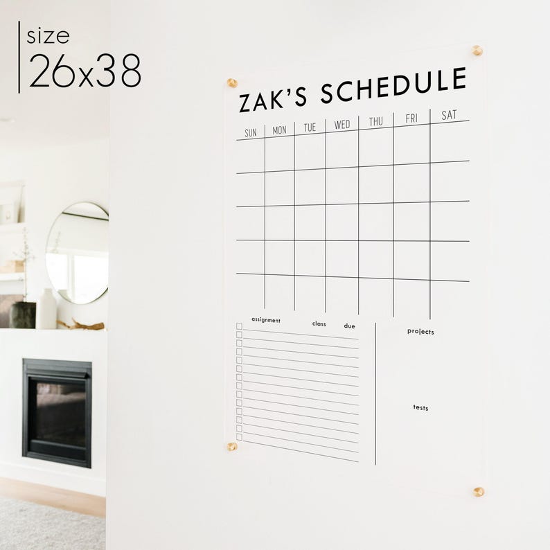 26x38 Acrylic school or homeschool wall calendar and schedule to mount on wall with 4 standoffs.