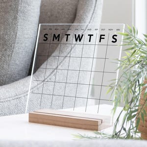 2026 Desk Calendar on Acrylic | Dry Erase Desk Month Calendar on Wood stand | Perpetual Small Desk Calendar Reusable