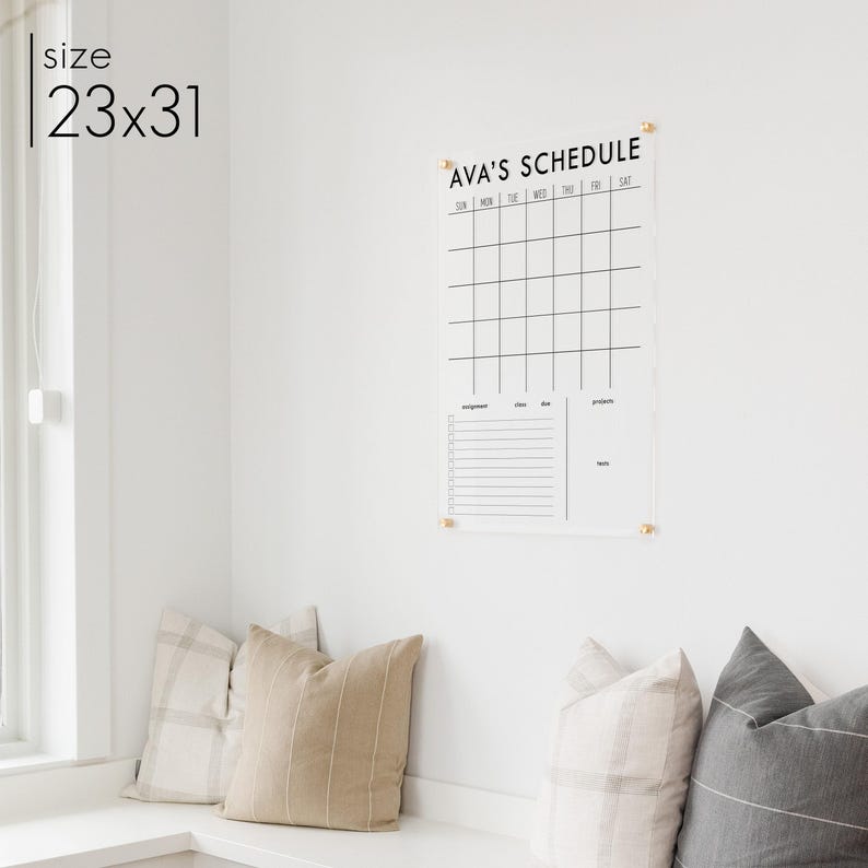 23x31 Acrylic school or homeschool wall calendar and schedule to mount on wall with 4 standoffs.