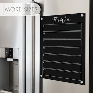 Personalized Dry Erase Weekly Fridge Calendar on Black Acrylic | Weekly Family Planner for Fridge, Meal Planner with Magnetic Hardware