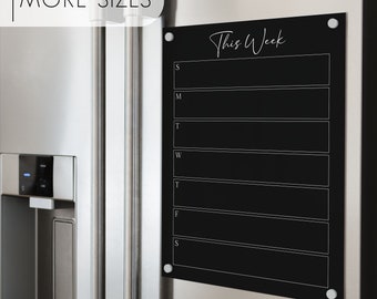 Personalized Dry Erase Weekly Fridge Calendar on Black Acrylic | Weekly Family Planner for Fridge, Meal Planner with Magnetic Hardware