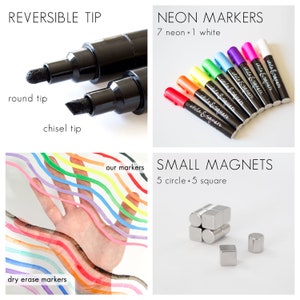 Neon & assorted pen packs available with round or chisel tips that are reversible.
Or the basic package with 2 black markers. There are various package options that can be picked from including the magnetic option with magnetic numbers and magnets.