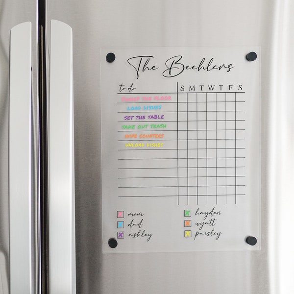 Personalized Magnetic Dry Erase Family Chore Chart on Clear Acrylic for Fridge | Customized Magnetic Chore List for Kids Teens and Adults