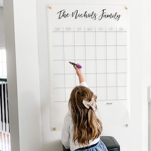 Dry Erase Acrylic Calendar, Personalized with Family Name, Clear Floating Dry Erase Wall Calendar on Standoffs, Acrylic Board Calendar image 1