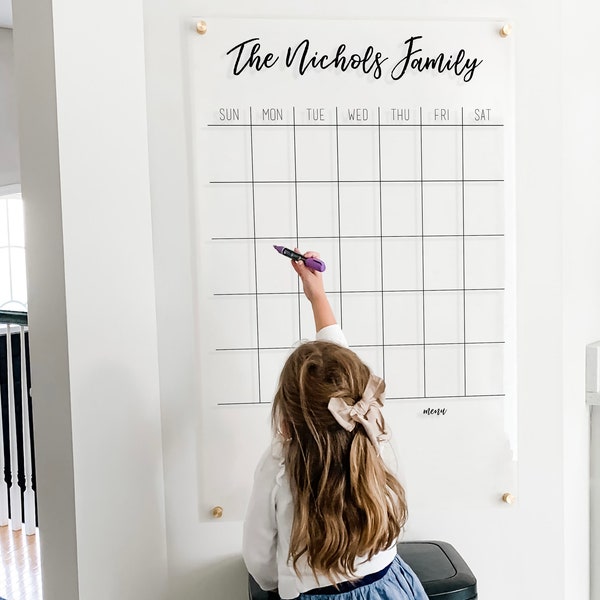 Dry Erase Acrylic Calendar, Personalized with Family Name, Clear Floating Dry Erase Wall Calendar on Standoffs, Acrylic Board Calendar