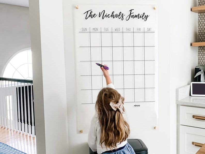 Dry Erase Acrylic Calendar, Personalized with Family Name, Clear Floating Dry Erase Wall Calendar on Standoffs, Acrylic Board Calendar image 1